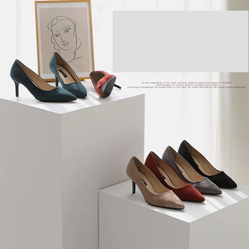 Женская обувь на высоком каблуке брендовая из флока Однотонная классическая