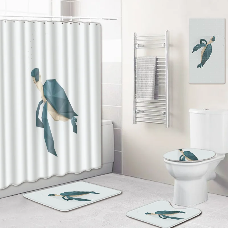 

5pcs Bathroom Set Geometric Animals Series Shower Curtain Waterproof+Bath Rugs Set Non Slip+Shower Mat Suction+Toilet Seat Cover