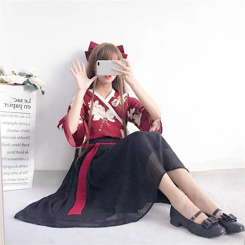 Кимоно с цветочным рисунком в японском стиле Kawaii для девочек юката летний топ