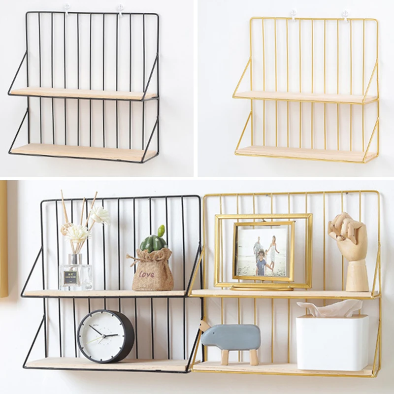 

1pc Storage Rack Wrought Iron Double Layer Wall-mounted Storage Rack Display Wall Shelf Double-layer Design