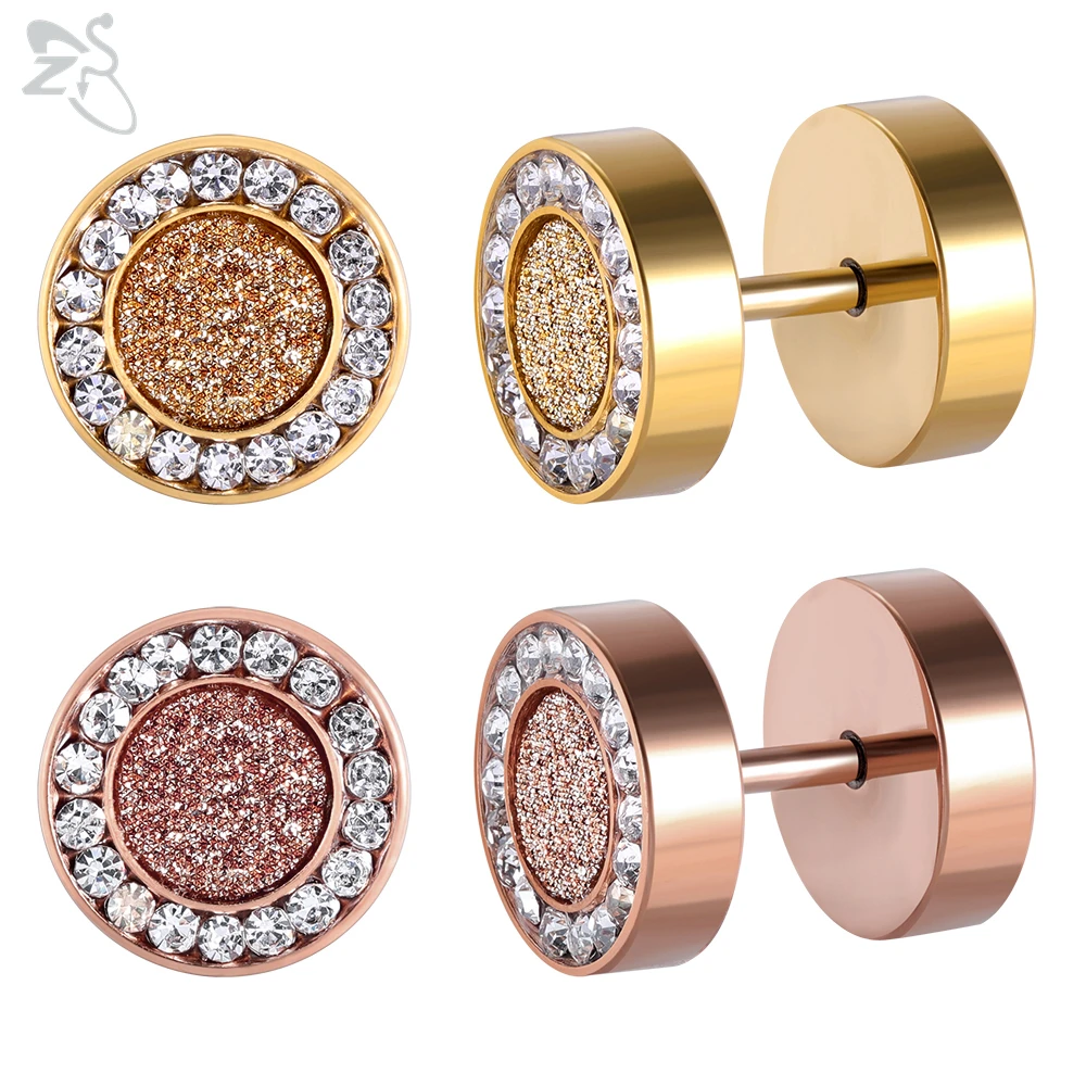 ZS Stainless Steel Stud Earrings For Women Girls Shiny AAA Cubic Zirconia Round Ear Gold Rose Color 16G Fake Plugs | Украшения и