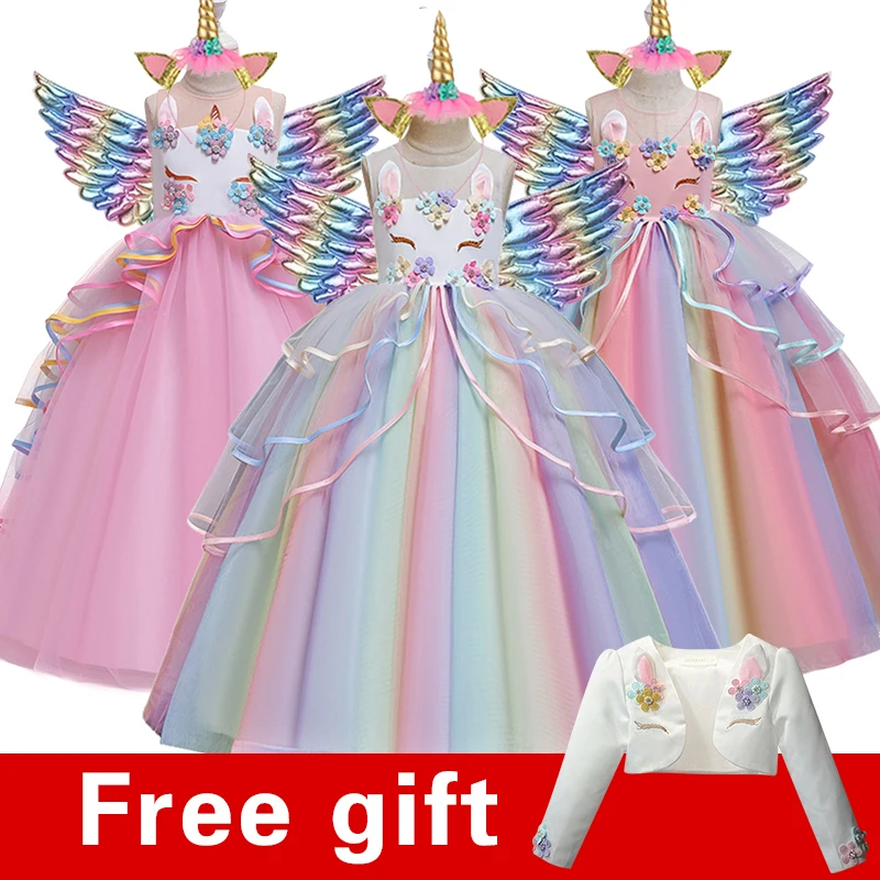 Flower Girl Unicorn Rainbow Wedding Party Dress Baby Girl 3-12 Years Birthday Unicorn Colorful Dance Performance Dress Set