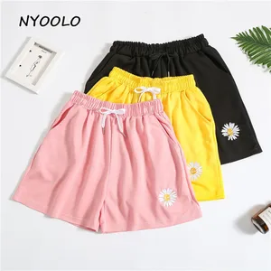 Женские шорты с цветочной вышивкой NYOOLO, летние прямые шорты с эластичной талией, в уличном стиле, в стиле Харадзюку, 2020