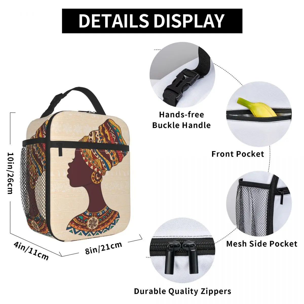 

African Woman Lunch Bag for Women Men Large Insulated Lunch Box with Water Bottle Holder and Pockets
