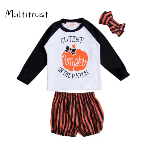 ABY Cotton Cartoon Pumpkin T-shirt+shorts+headband 3pcs Girls Clothing Set Halloween Costume Kids Clothes Size 0-24M