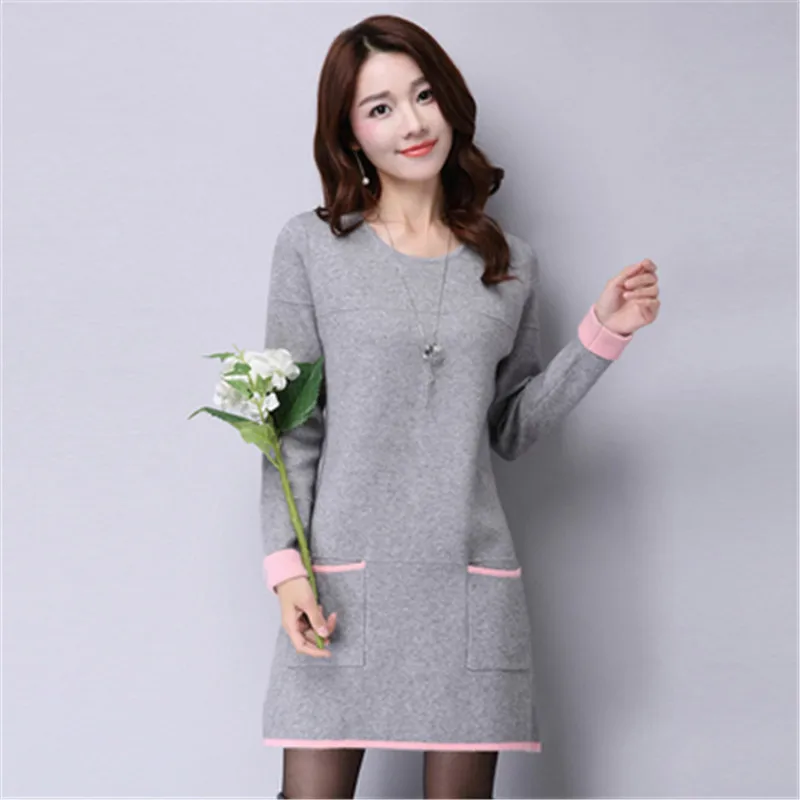 

Autumn Winter Korean Pullover Lady Casual Long-Sleeve Knitting O-Neck Sweaters Elegant Vestido Women Knitted Sweater Dress