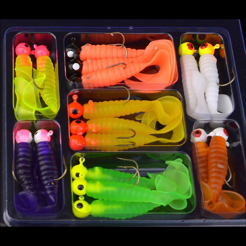 17Pcs Set Box Edible Silicone Lures Fishing Soft Bait Worm With Tail Plastic Jig Hook Tackle Grub for Fishing Perch Holder
