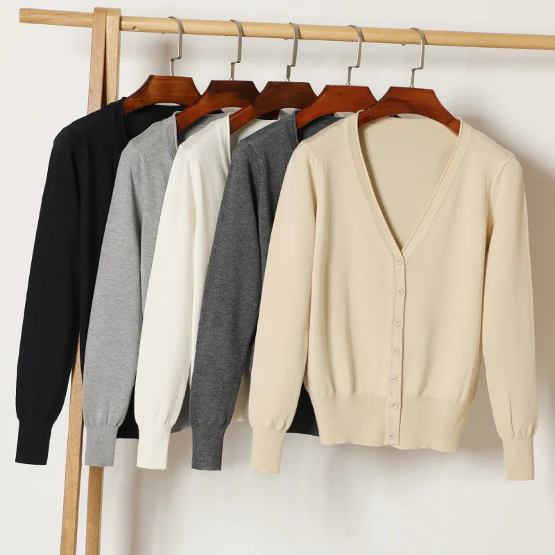 

Женский вязаный свитер с длинным рукавом, однотонный Свободный Повседневный Кардиган с V-образным вырезом, Базовая куртка, осень 2020