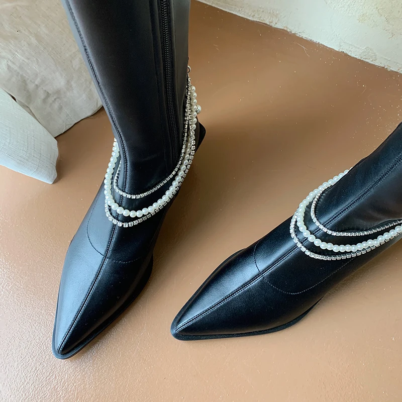 

Fashion Knee High Boots 2021 Autumn Winter microfiber Leather Shoes Woman Wedding Pointed Toe Thick high Heels Boots