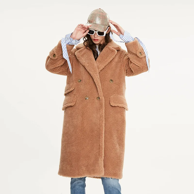 Женское пальто из искусственного меха длинное с плюшевым мишкой женская одежда