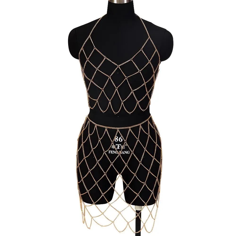 Fashion Body Chain Gold Net Metal Bra Set Bikini Beach Skirt Chest Hollow Out Tops Sequins Harness Adjust Night Clubs Lingerie | Украшения