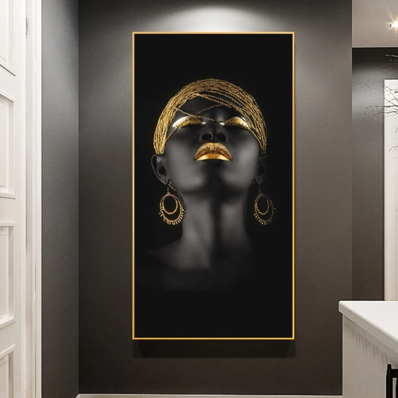 

African Art Black Woman With Golden Headdress Canvas Paintings On The Wall African Girl Posters And Prints Wall Art Cuadros