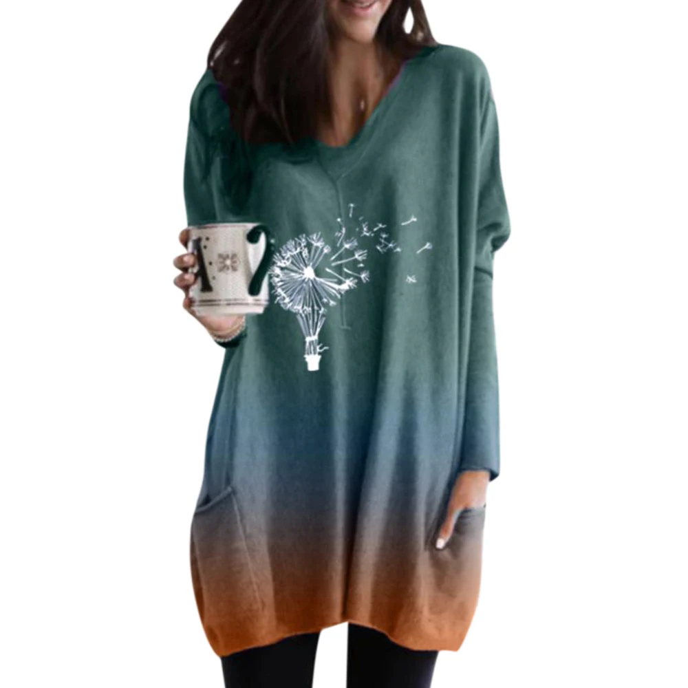 

VICABO Gradient Color Printed Women Dresses Pockets V Neck Long Sleeve Clothes Plus Size Above Knee Length Casual Shirt Dress