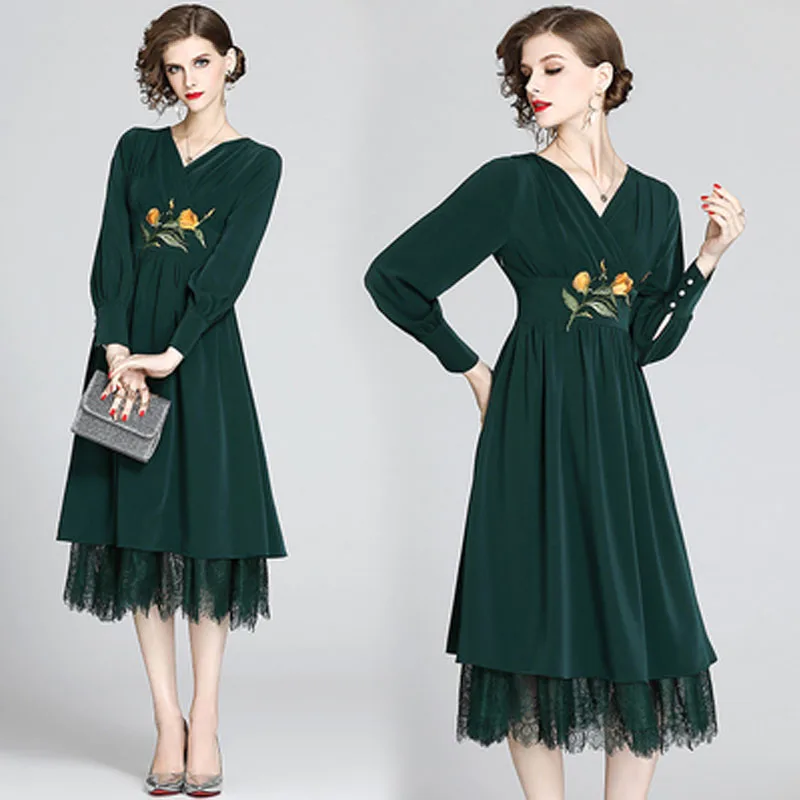 

Women Sexy V-Neck Vintage Dress Green Long Sleeve Plus Size Slim Long Dress High Quality Floral Embroidered Elegant Party dress