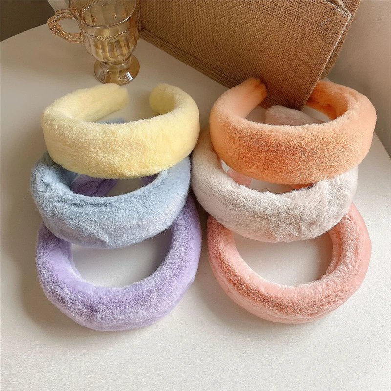 Cute Candy Color Soft Plush Hairbands Warm Headband Winter Women Furry Wool Head Hoop Headwear For Female Girls Hair Accessories