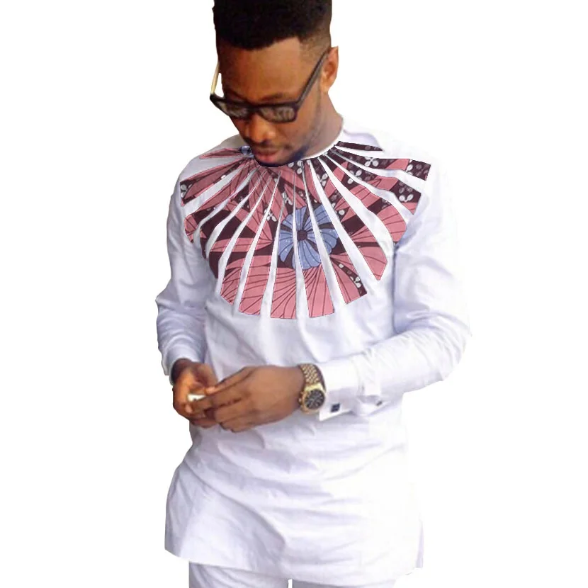 African clothing men's shirt O-neck Ankara white with print tops patchwork customized wear male dashiki for wedding | Мужская одежда