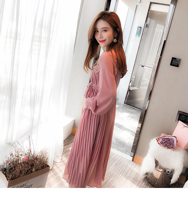 Envsoll Spring Autumn Maternity Dress Mom Long-sleeved Lace Pleated Chiffon Dress Maternity Clothes For Pregnant Women