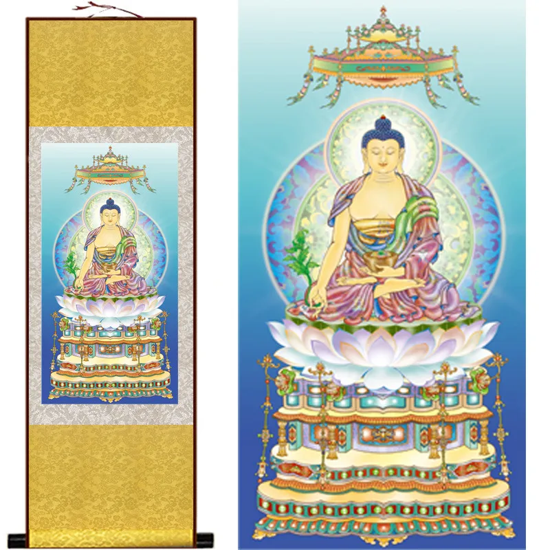 

Portrait of the three saints of the East hanging painting of pharmacist glazed Buddha silk scroll painting