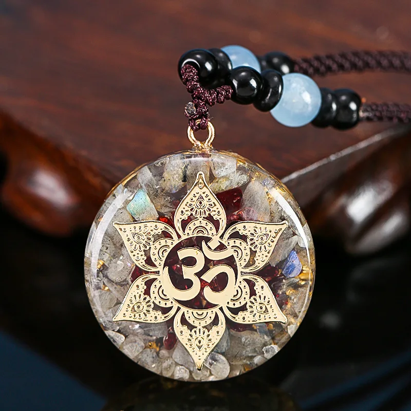 Orgone Energy Pendent Garnet Necklace Orgonite Labradorite Om Crystal Pendant Necklace for Women Men Yoga Healing Jewelry Gift images - 6