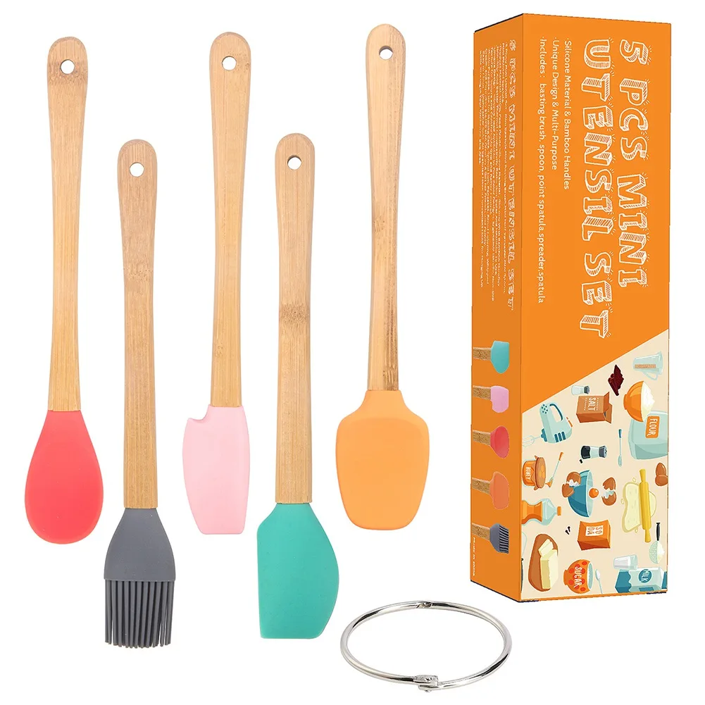 

Set of 5 Small Silicone Spatula Spoon Brush Kit with Wood Handle Non-Stick Heat-Resistant Kitchen Baking Tools