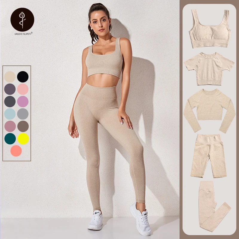 

Seamless Yoga Set Workout Shirts Sport Pants Gym Clothing Stripe Short Sleeve Top High Waist Running Leggings Sports Set Womens