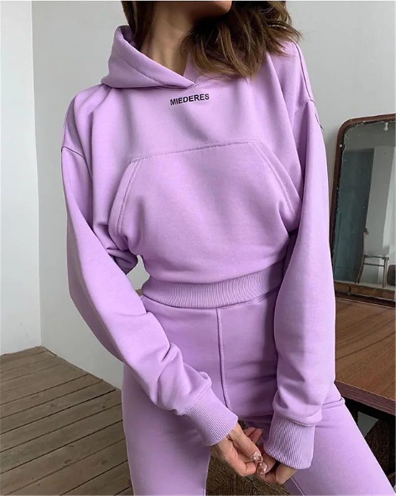 

Donsignet Fashion Women's Suit Knitted Pure Color Hoodie Casual Hooded Pullover Short Trousers Sports Two-piece Suit Women