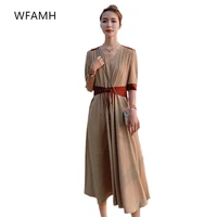 fashion temperament slim short sleeved mid length contrast color stitching v neck dress 2021 summer new womens clothing