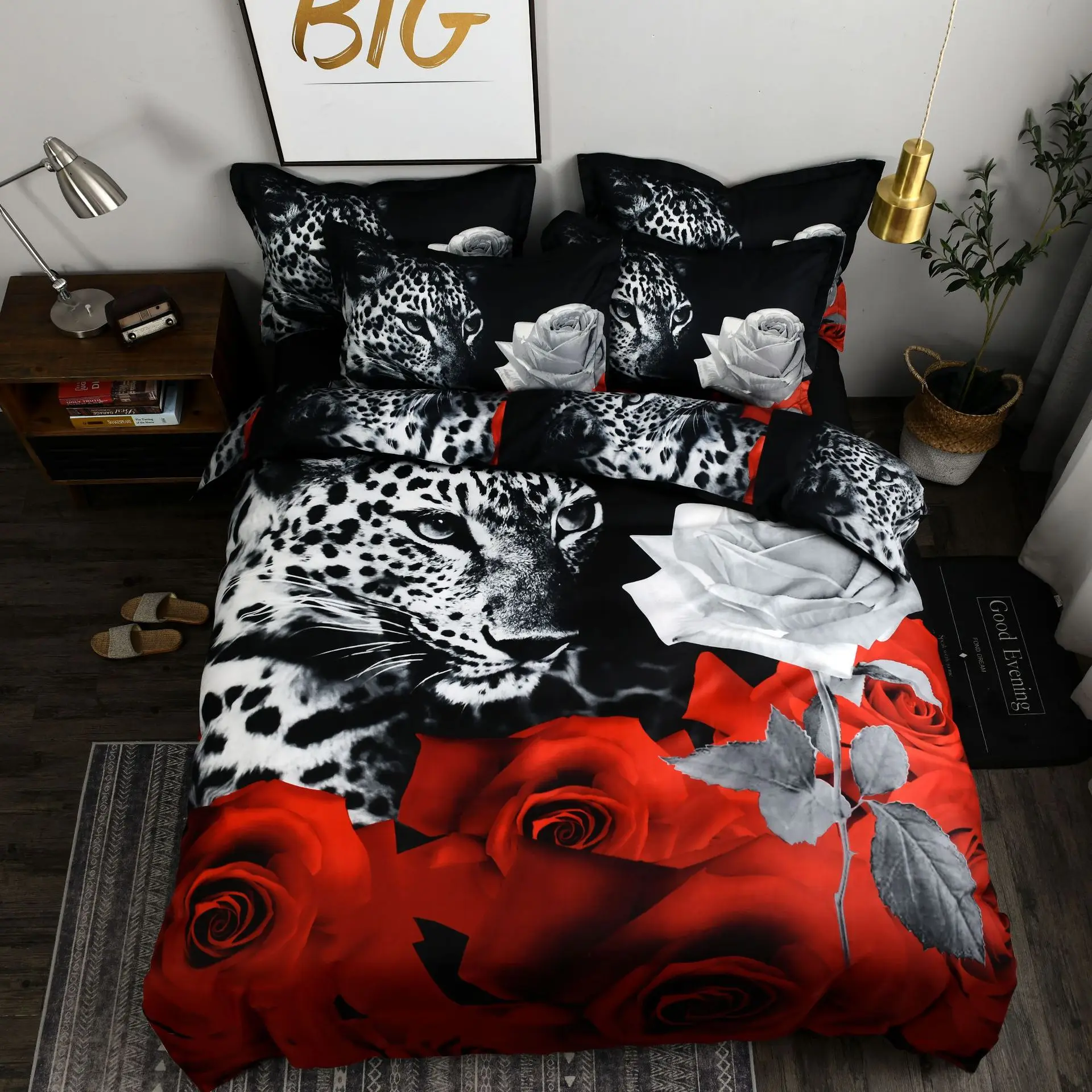 

Leopard Rose Duvet Cover 220×240 Animal Print Queen Bedding Set Wildlife Comforter Cover Set Microfiber King Size Quilt Cover