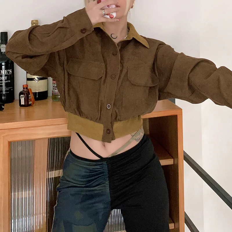 

Corduroy Short Jacket 2021 New Retro Lapel Single Breasted Contrast Color Slim Fit Jackets Casual Fashion Brown Long Sleeve Coat