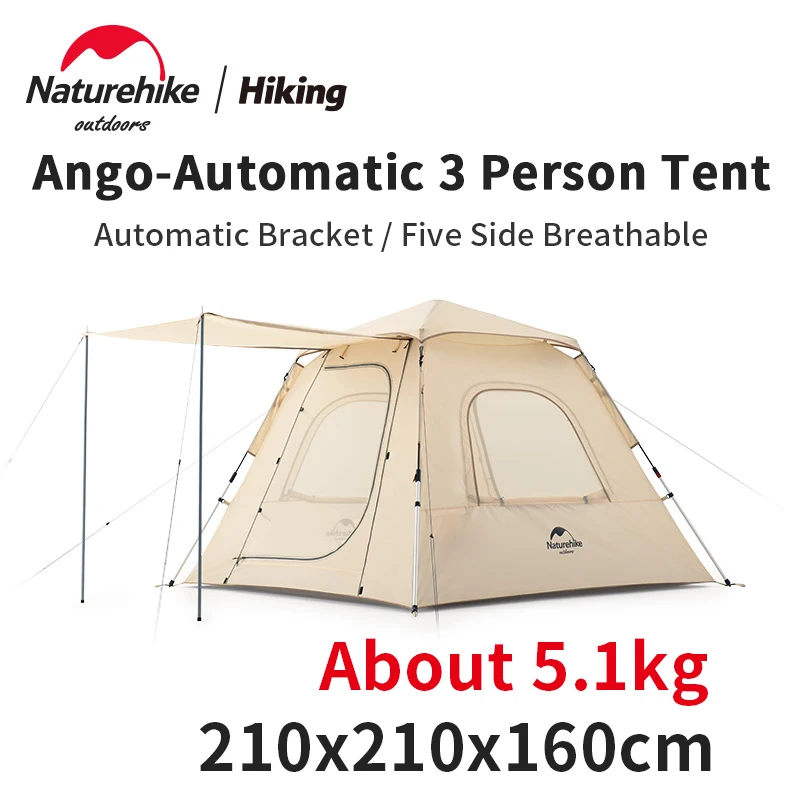 

Naturehike Ango Outdoor Automatic Tent 210T Windproof 3-4 People Fast Build 5-Sided Ventilation With Hall Family Camping Tent