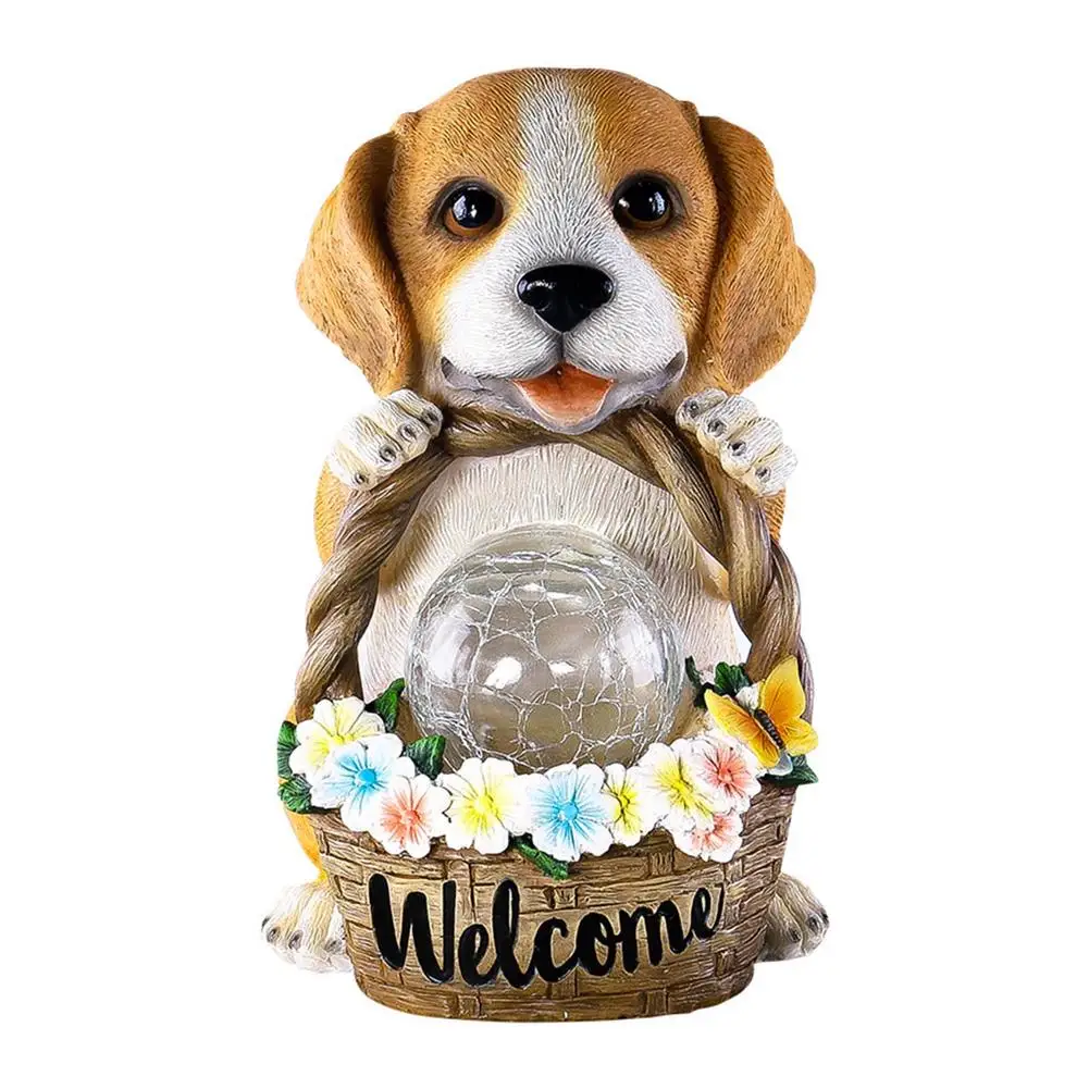 

Solar Garden Welcome Dog Statues Garden Puppy Sculptures With Solar Warm Lights Waterproof Welcome Sign Outdoor Figurines Resin