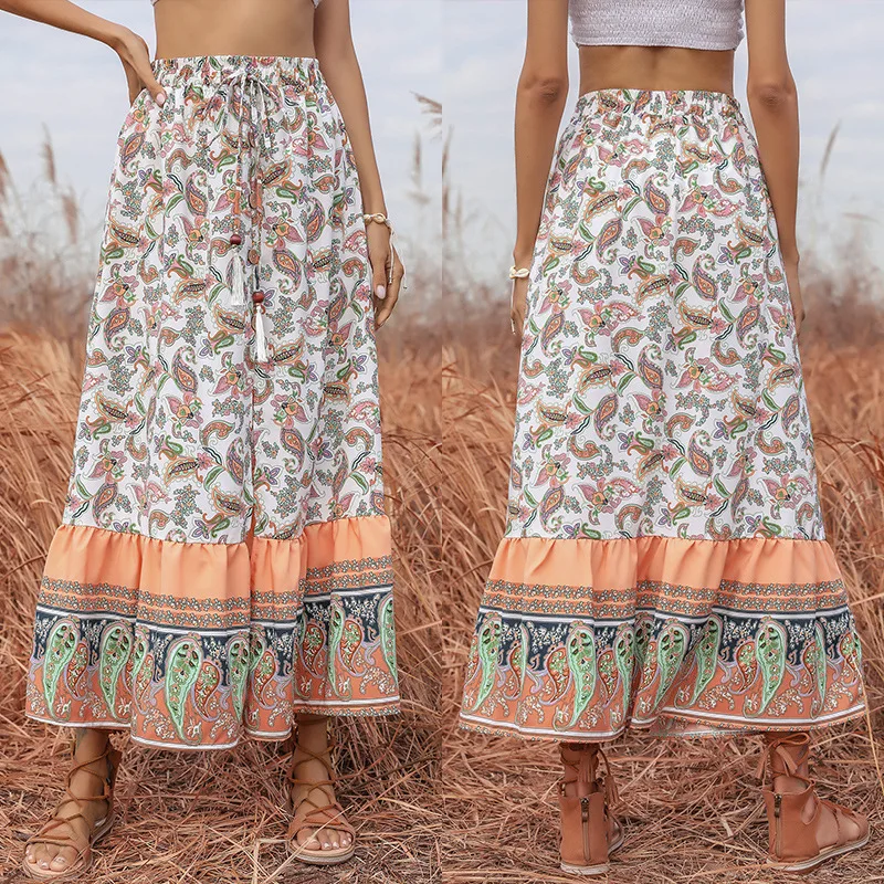 

Summer new long slim print lace up split skirt women's holiday leisure beach ethnic style women's skirt