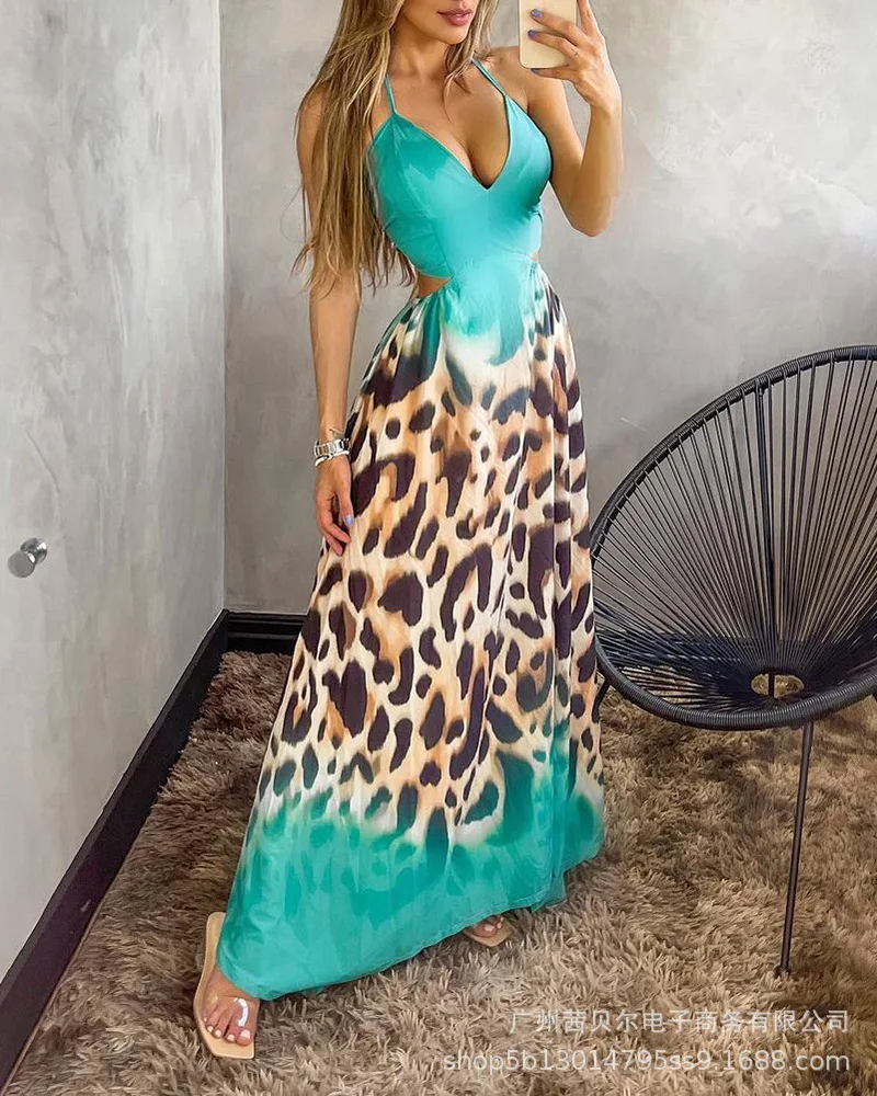 

Summer 2021 Print Dress Women Sexy Camisole Fashion Leopard Elegant Casual Hollow Out Sleeveless V-neck Dresses