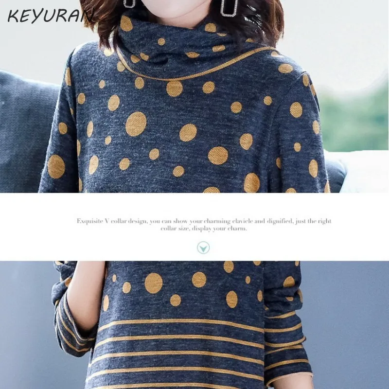 Осенне зимнее новое женское длинное платье свитер в полоску и горошек свободный