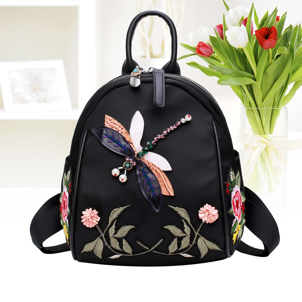 

Multi Backpack Shoulder Crossbody Purse Ethnic Dragonfly Embroidery Bag (Black)