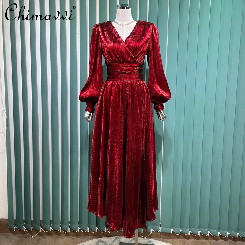 

2021 Fall Women's Clothing New French Retro Metal Glossy Long-Sleeved Dress High Waist Slimming Elegant Dresses Feminine