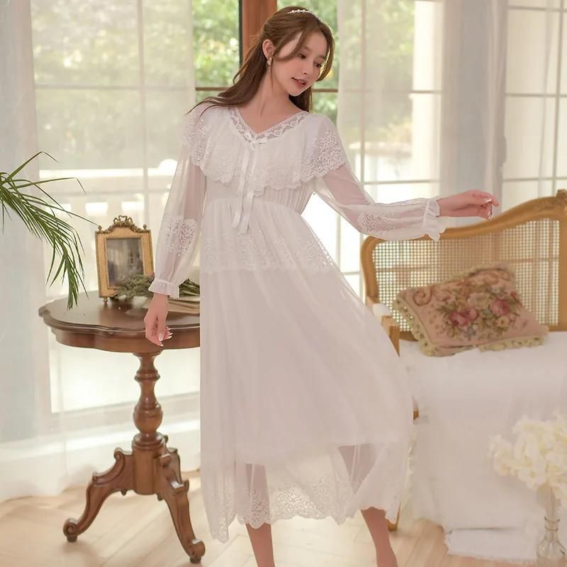 2021 Spring and Autumn Palace Style Nightdres Women's Long Sleeve Sweet White Modal Nightdress Retro French Home Wear Sleep Tops