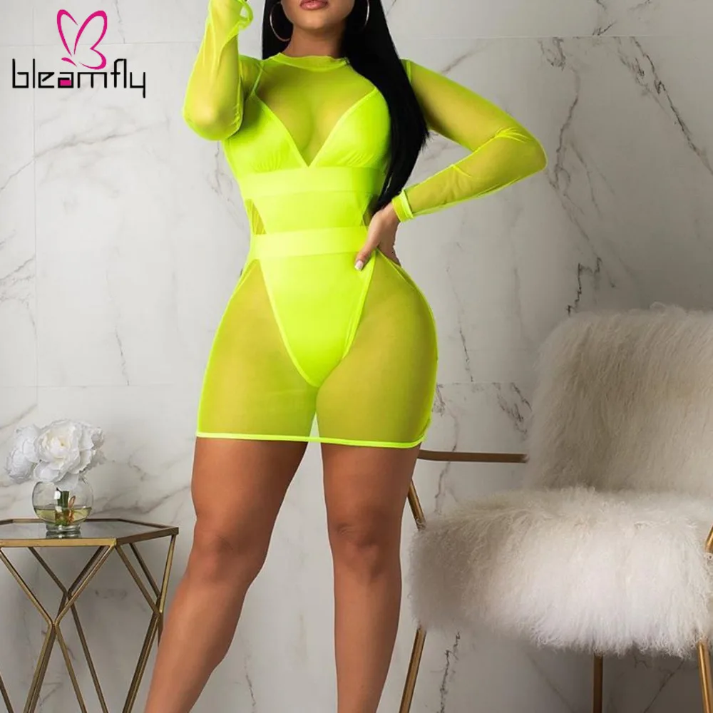 Неоновый зеленый оранжевый комплект из 2 предметов сексуальные сетчатые платья