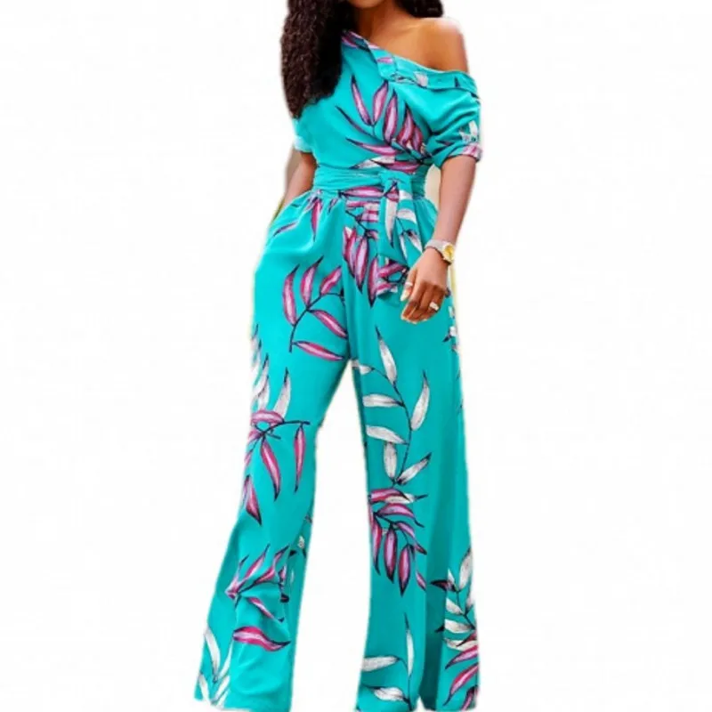 

Lady Office Work Wear Modes Rompers Printed Short Sleeve High Waist Large Size Slim Wide-legged Women's Jumpsuit Playsuits