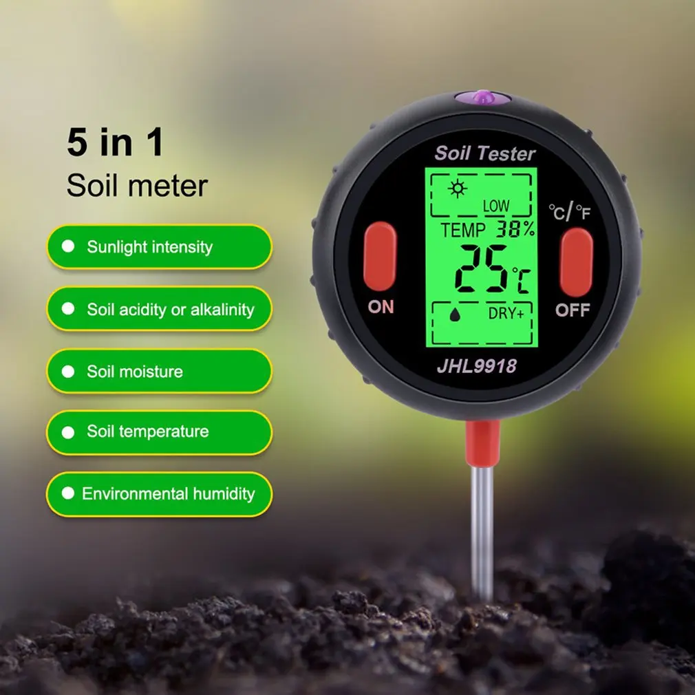 

5 in 1 Soil PH Meter Multifunctional Digital Tester Garden Flowers Soil Moisture Sensor Meter Plants Acidity Humidity PH Monitor