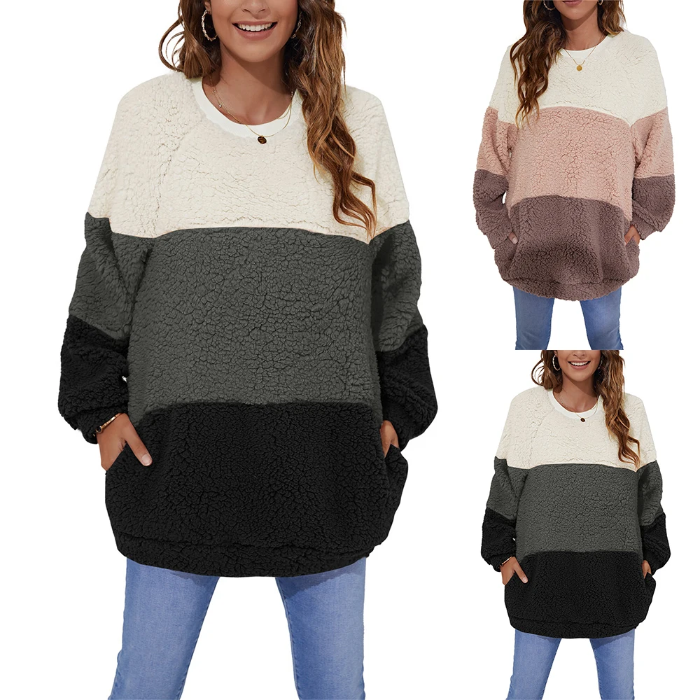 

Fashion Womens Winter Casual Ladies Multicolored Colourblock Sweatshirt Plush Long Sleeve Warm Pullover Tops Wearing Clothes