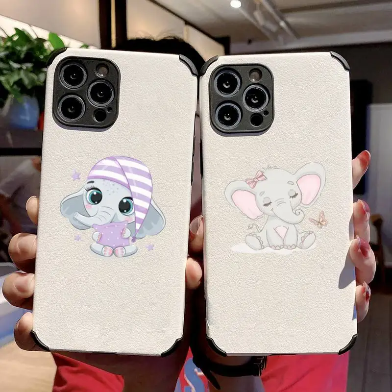 

Cute hippo cartoon Elephant Phone Case Lambskin Leather For iphone 12 11 8 7 6 XR X XS PLUS MINI PLUS PRO MAX Shockproof