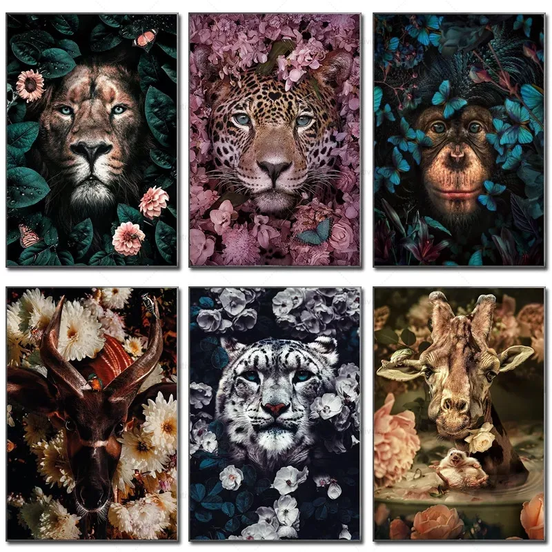 

Natividad Abstract Canvas Painting Flower Animal Lion Tiger Deer Leopard Wall Art Nordic Print Poster Living Room Home Decoratio