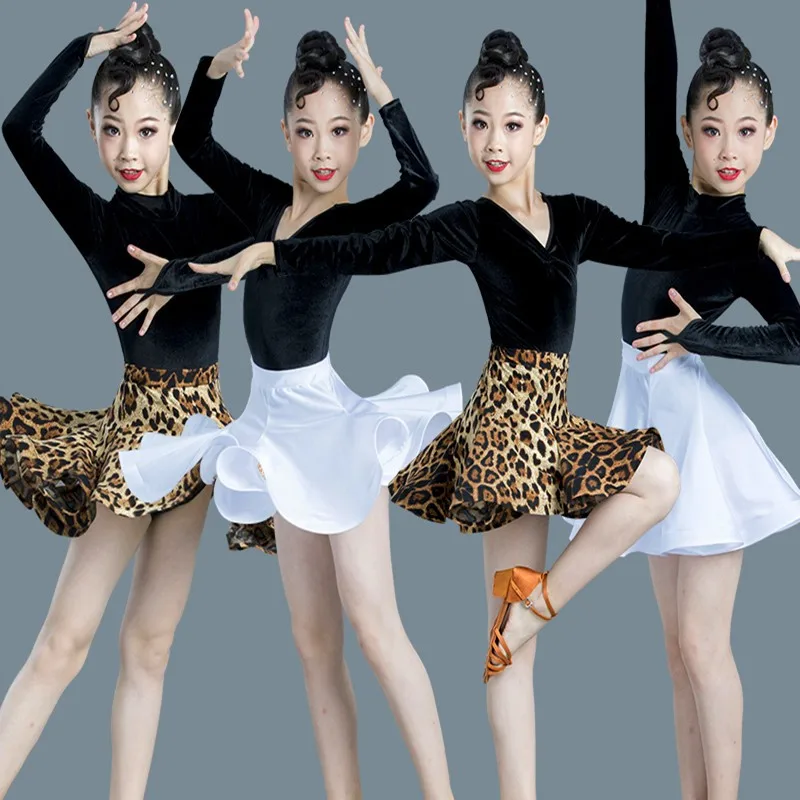 Leopard Print Girls Latin Dance Fringe Dress Kids Ballroom Competition Evening Party Stage Performance Clothing Top+skirt Set |