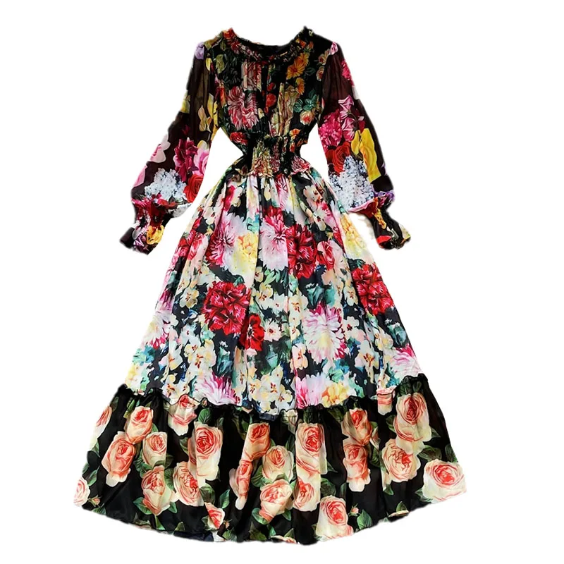 

O Neck Maxi Long Floral Dress for Holiday Woman