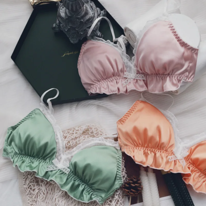 

Fashion Orange Silk Women Underwear Sexy Ladies Lace Wireless Push Up Bra Set Vintage Satin Comfortable Mesh Lingerie Panties