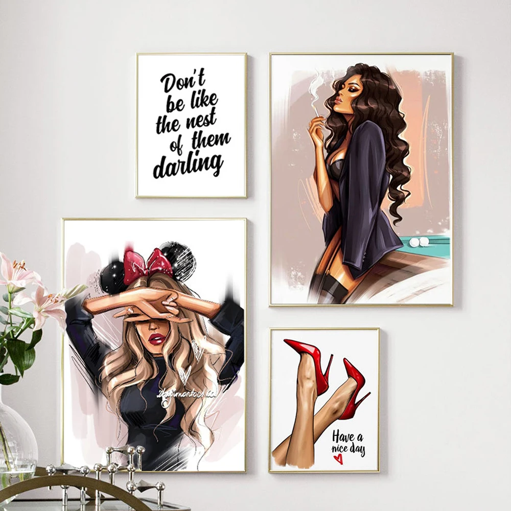

Red Luxury High Heels Makeup Wall Art Canvas Prints Poster Smoking Girl Painting Fashion Wall Picture Room DecorationPosters