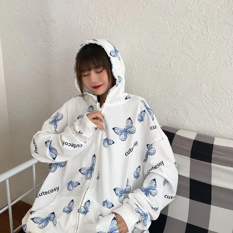 Летние Harajuku худи с бабочкой застежкой молнией Женская толстовка 2021 Весна Размеры