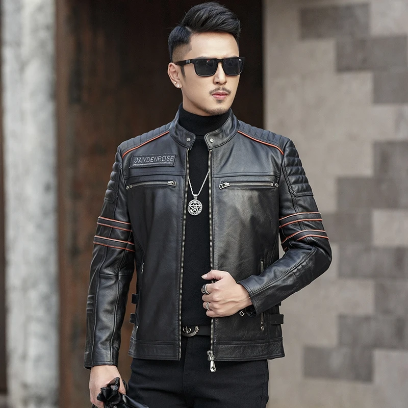 

Black 2020 Men Skull Embroidery Leather Motorcycle Jacket Real Thick Cowhide Slim Fit XXXXL Russian Leather Coat FREE SHIPPING