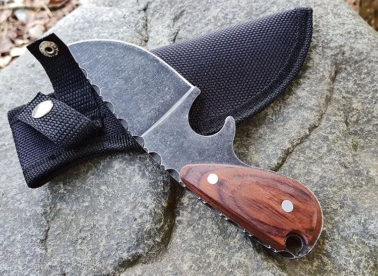 

Wooden handle Outdoor Camping knife stone wash Portable Survival Hunting knives with leather sheath knives fixed blade